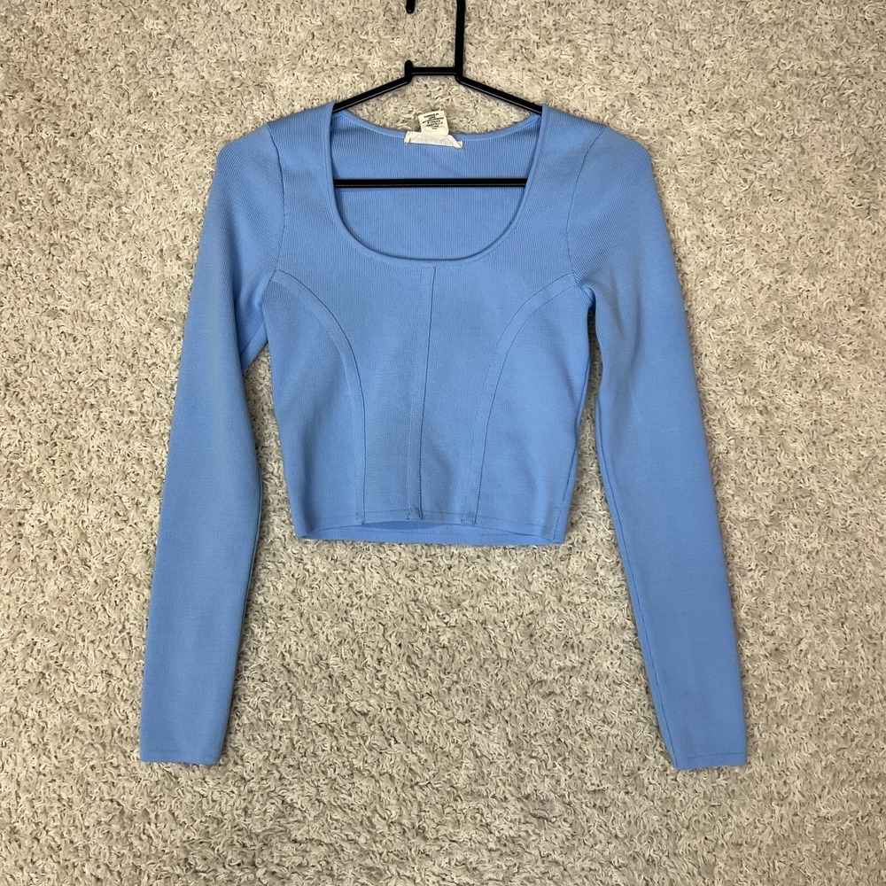 Happily Grey Cropped Top Womens Small Blue Crop Knit Slim Stretch Casual